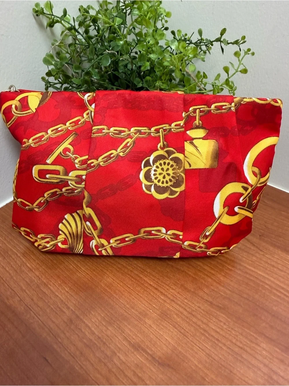Estee Lauder Red Cosmetic Pouch with Gold Chain Print